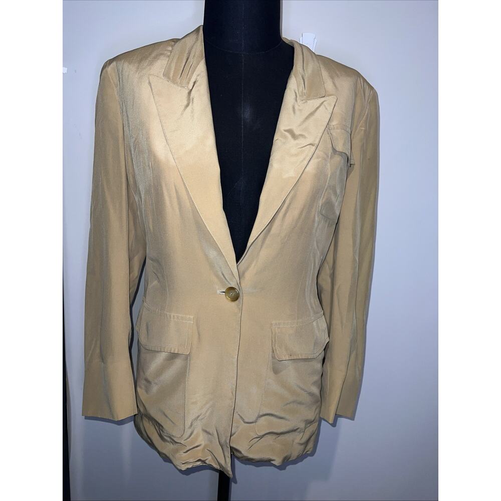 Anne Klein Vintage Blazer Jacket Tan 100 % Silk Size 6